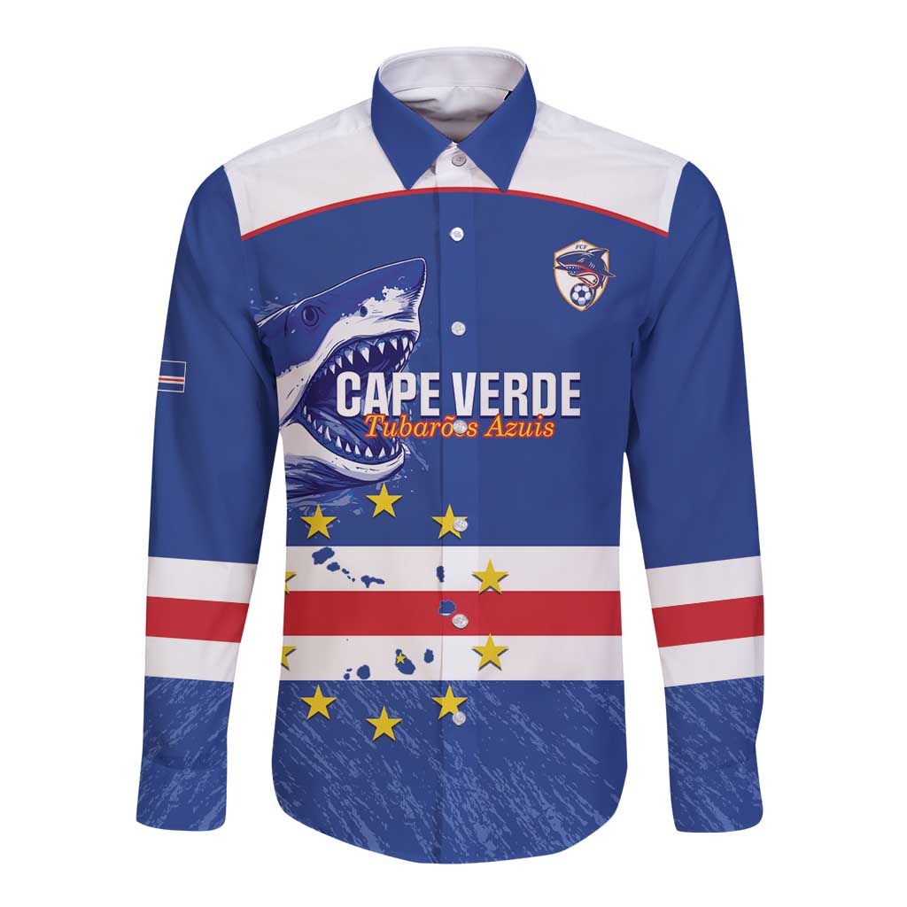 Cape Verde Football Custom Long Sleeve Button Shirt Come On Tubaroes Azuis Shark - Wonder Print Shop