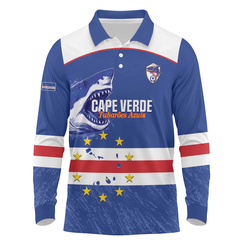 Cape Verde Football Custom Long Sleeve Polo Shirt Come On Tubaroes Azuis Shark - Wonder Print Shop