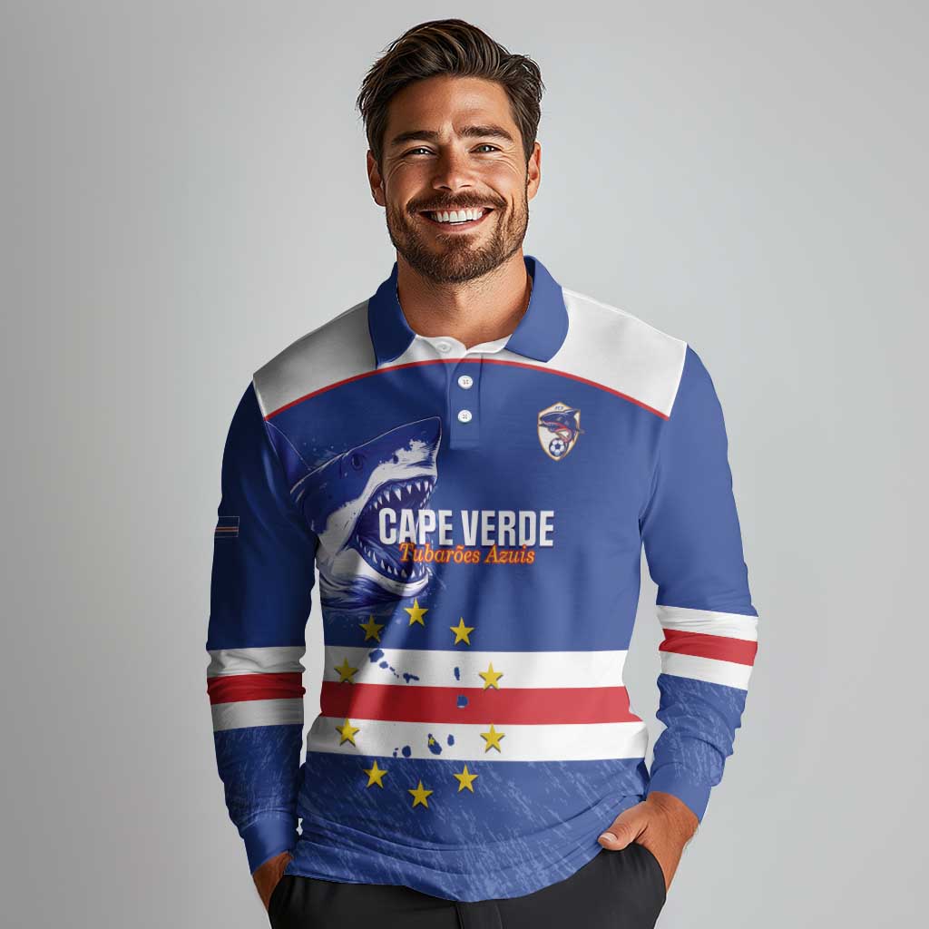 Cape Verde Football Custom Long Sleeve Polo Shirt Come On Tubaroes Azuis Shark - Wonder Print Shop