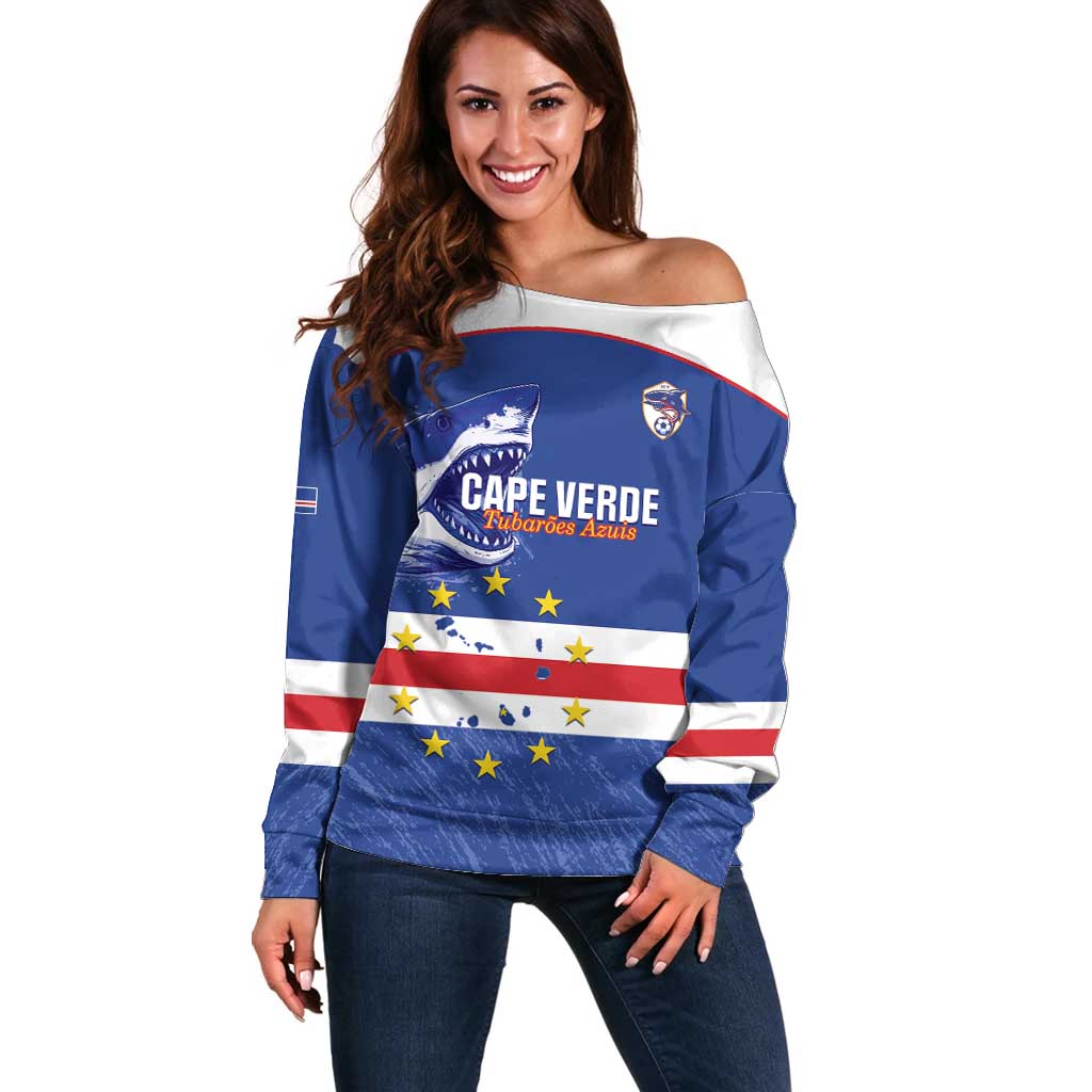 Cape Verde Football Custom Off Shoulder Sweater Come On Tubaroes Azuis Shark - Wonder Print Shop