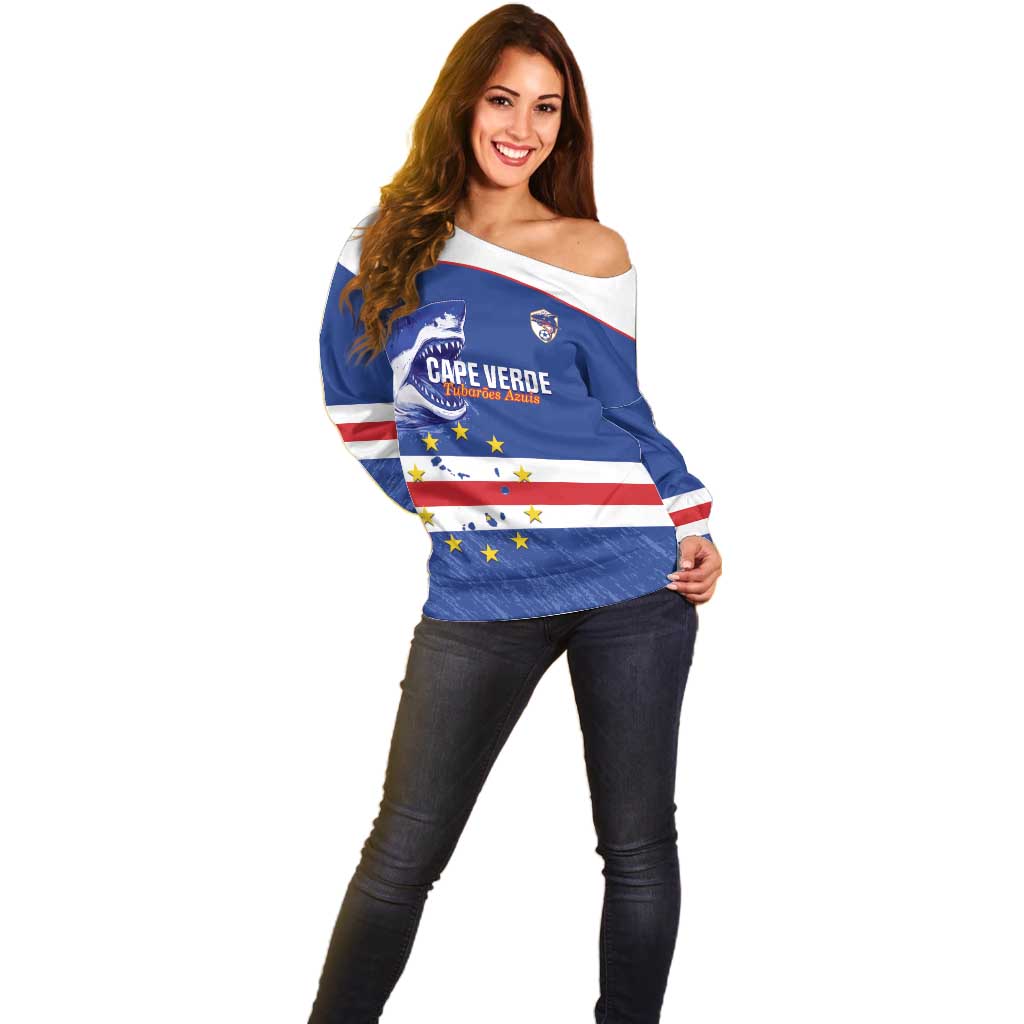 Cape Verde Football Custom Off Shoulder Sweater Come On Tubaroes Azuis Shark - Wonder Print Shop