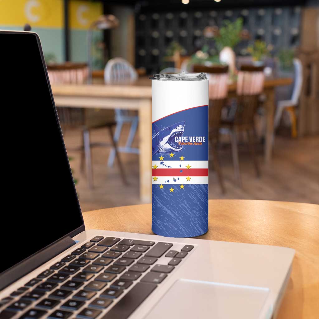 Cape Verde Football Custom Skinny Tumbler Come On Tubaroes Azuis Shark - Wonder Print Shop
