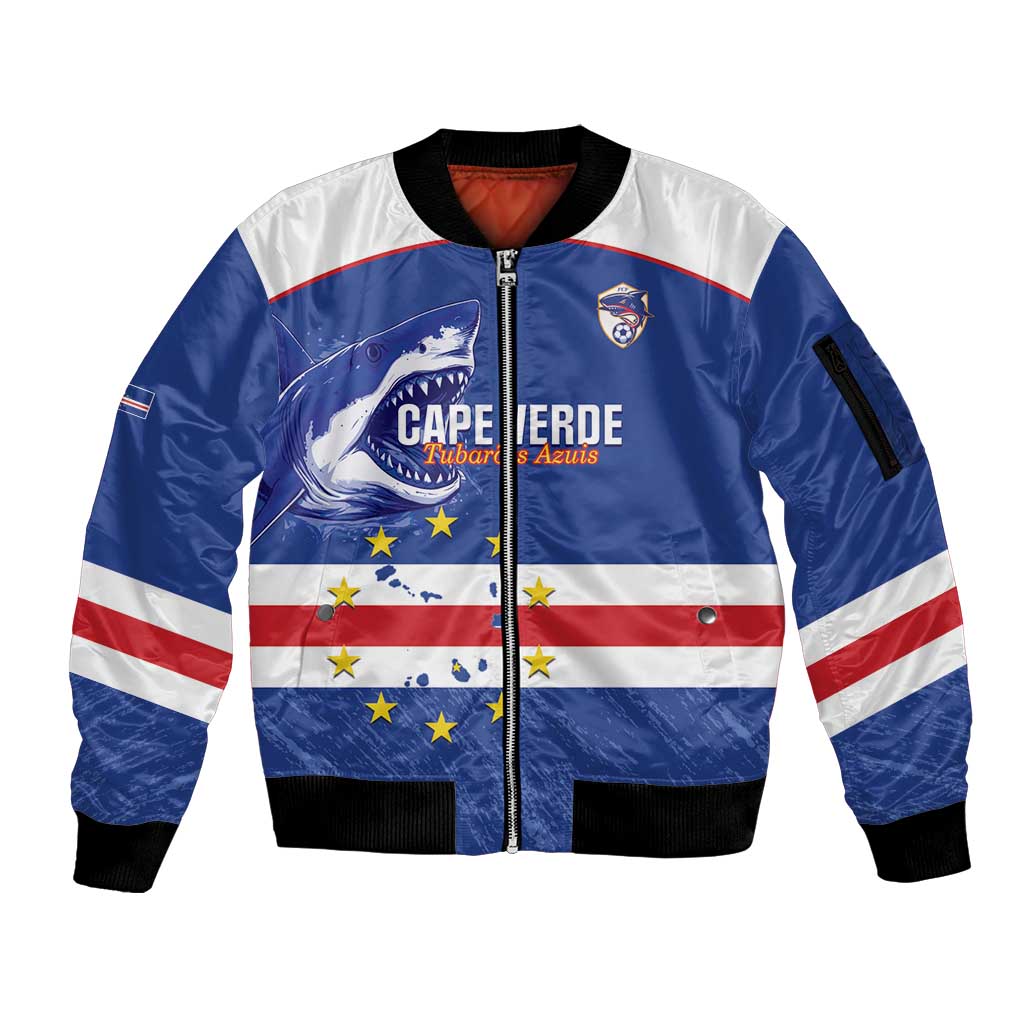 Cape Verde Football Custom Sleeve Zip Bomber Jacket Come On Tubaroes Azuis Shark - Wonder Print Shop