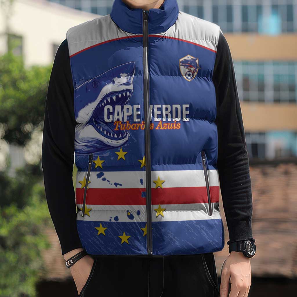 Cape Verde Football Custom Sleeveless Puffer Jacket Come On Tubaroes Azuis Shark - Wonder Print Shop