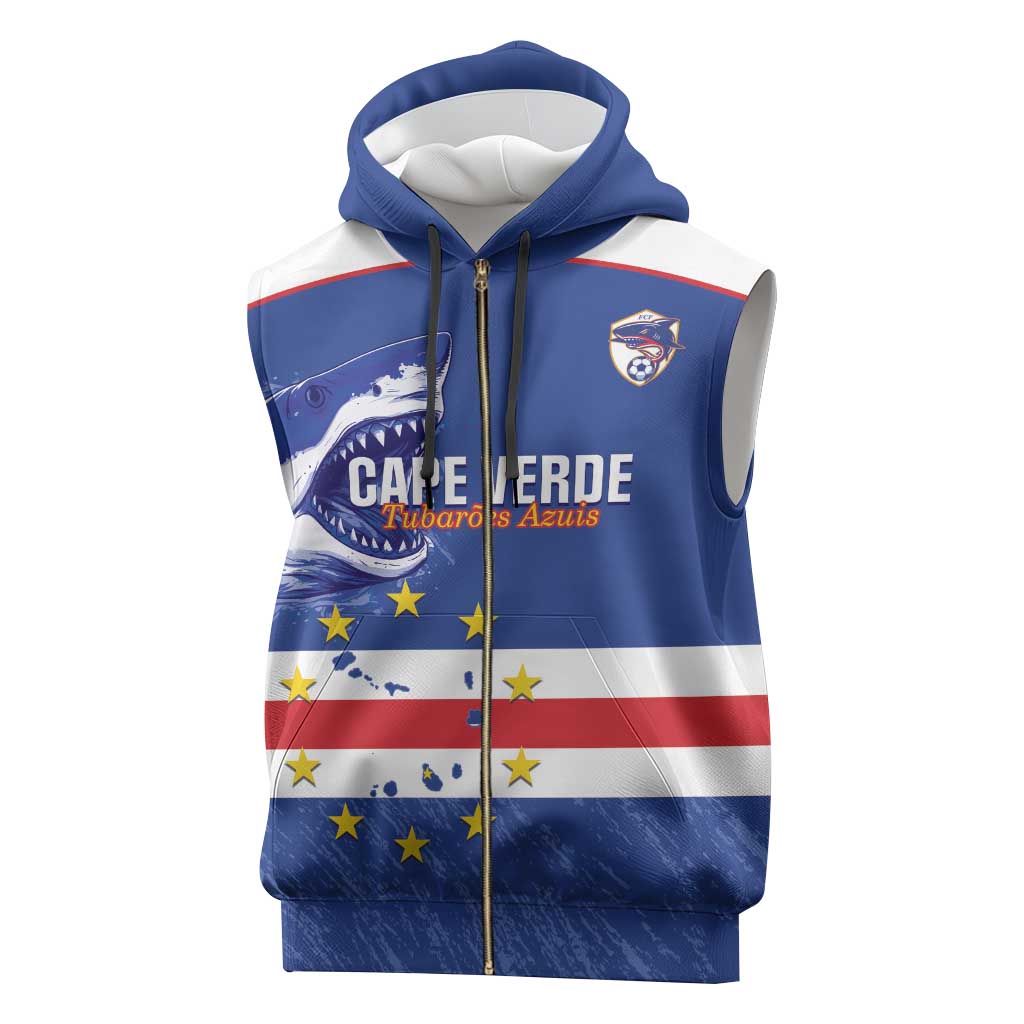 Cape Verde Football Custom Sleeveless Zip Hoodie Come On Tubaroes Azuis Shark - Wonder Print Shop