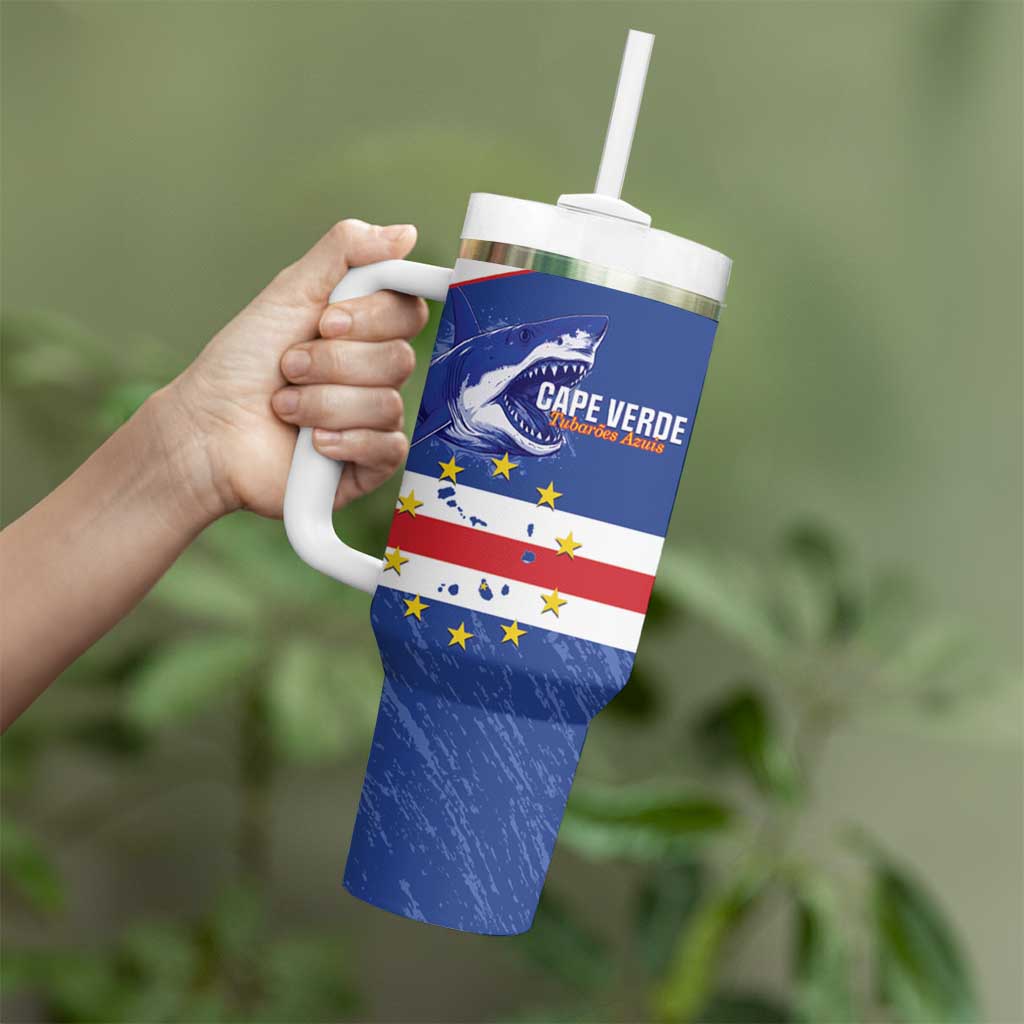 Cape Verde Football Custom Tumbler With Handle Come On Tubaroes Azuis Shark - Wonder Print Shop