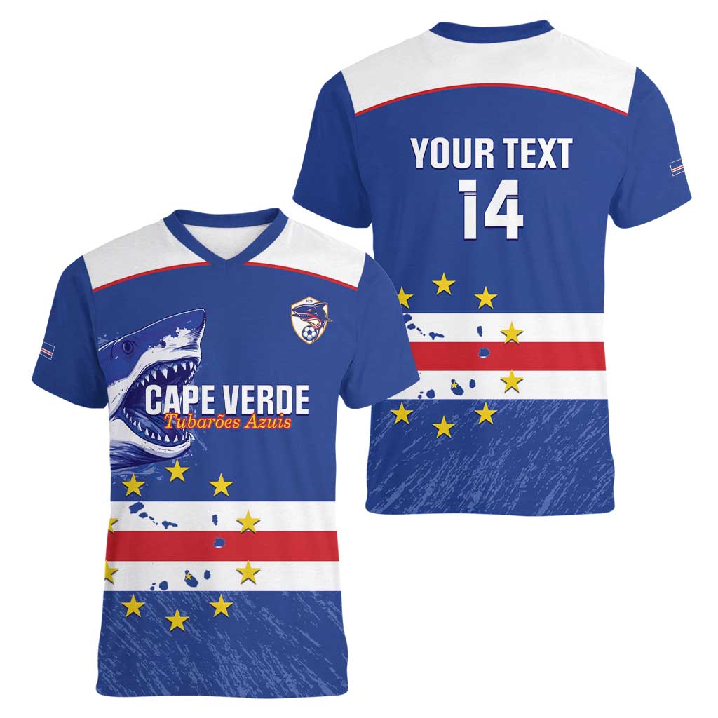 Cape Verde Football Custom Women V-Neck T-Shirt Come On Tubaroes Azuis Shark - Wonder Print Shop