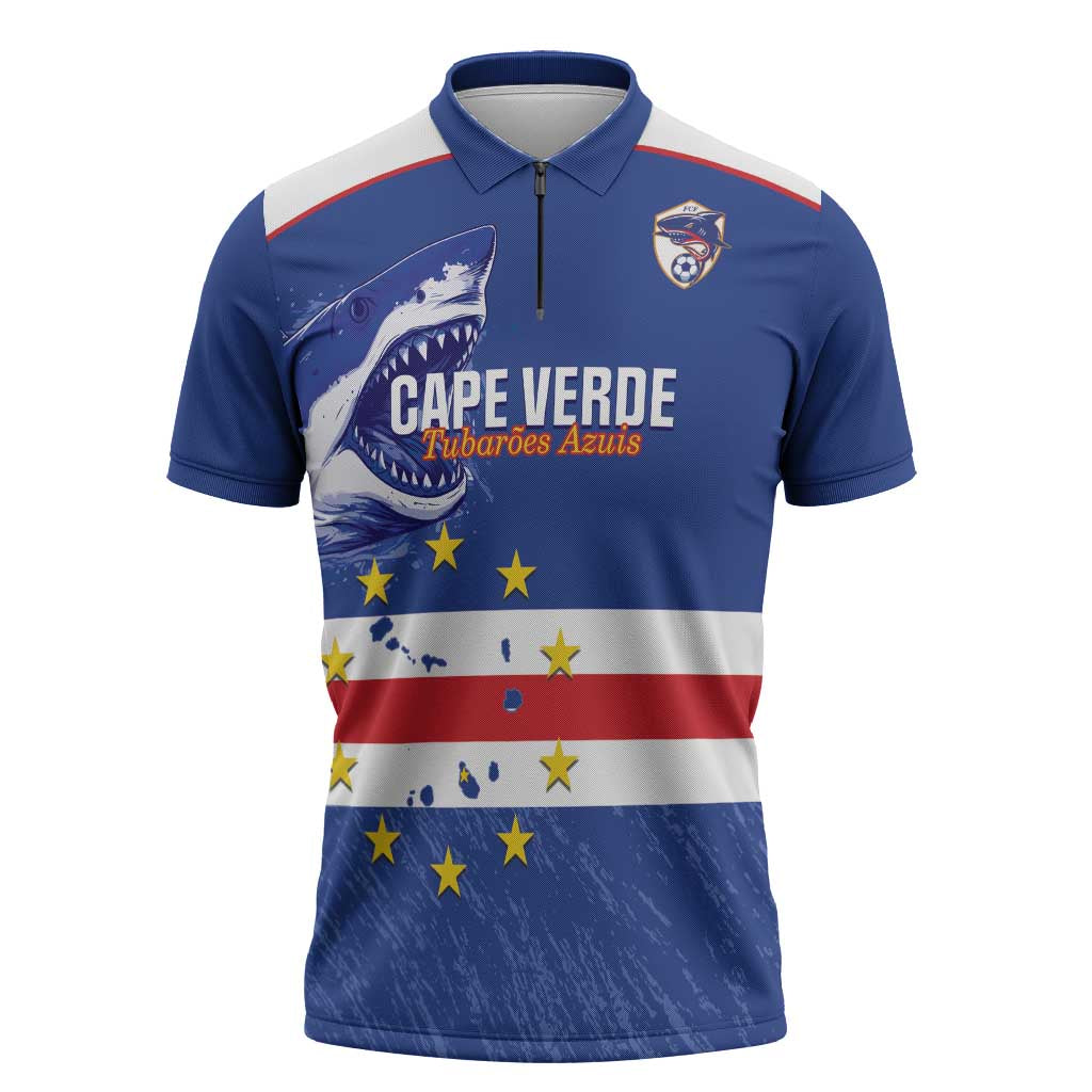 Cape Verde Football Custom Zipper Polo Shirt Come On Tubaroes Azuis Shark - Wonder Print Shop