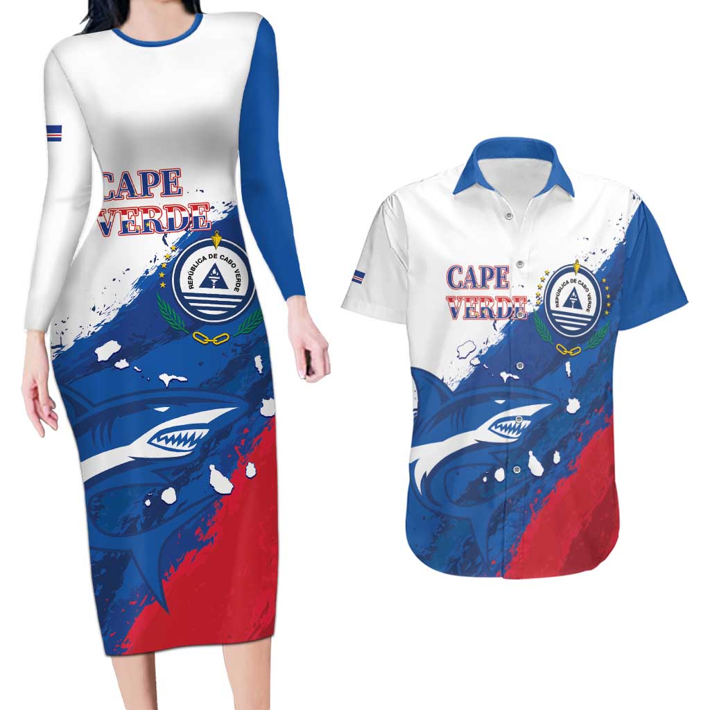 Cape Verde Football Custom Couples Matching Long Sleeve Bodycon Dress and Hawaiian Shirt Tubaroes Azuis Glory World Cup - Wonder Print Shop