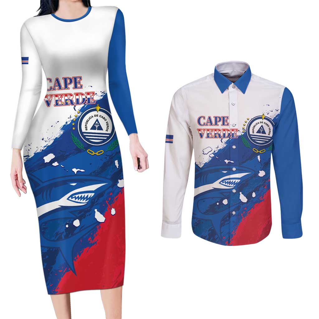 Cape Verde Football Custom Couples Matching Long Sleeve Bodycon Dress and Long Sleeve Button Shirt Tubaroes Azuis Glory World Cup - Wonder Print Shop