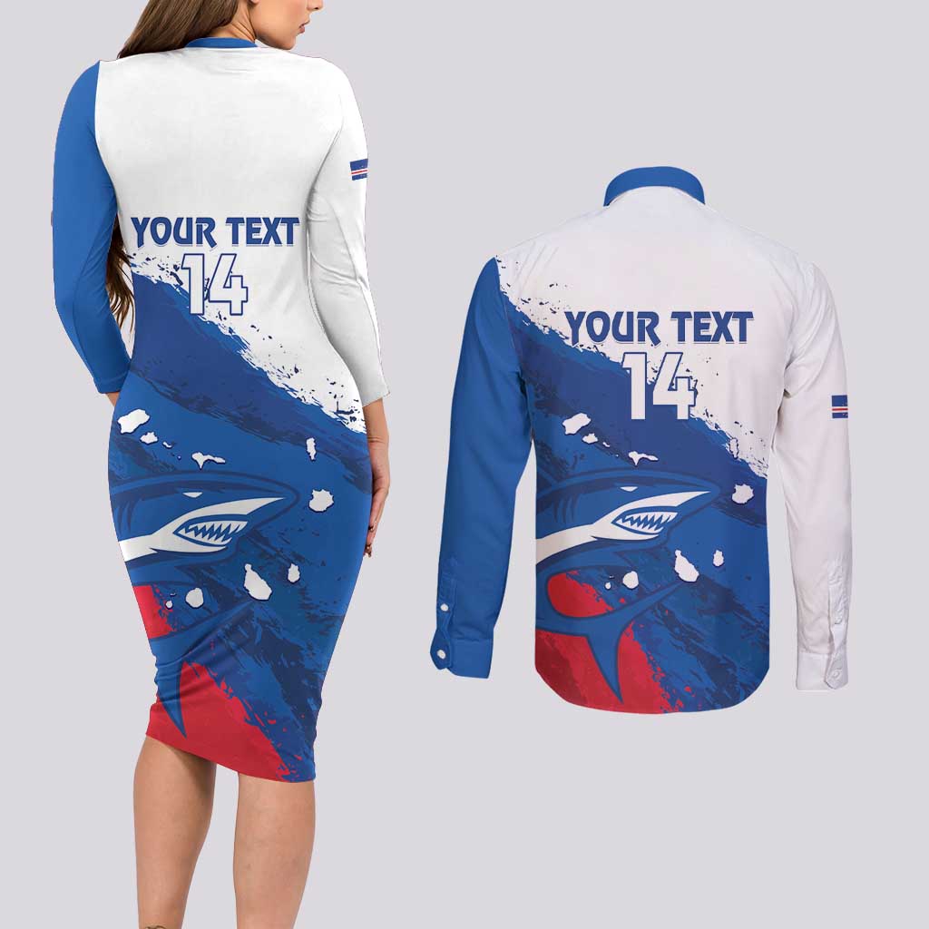 Cape Verde Football Custom Couples Matching Long Sleeve Bodycon Dress and Long Sleeve Button Shirt Tubaroes Azuis Glory World Cup - Wonder Print Shop