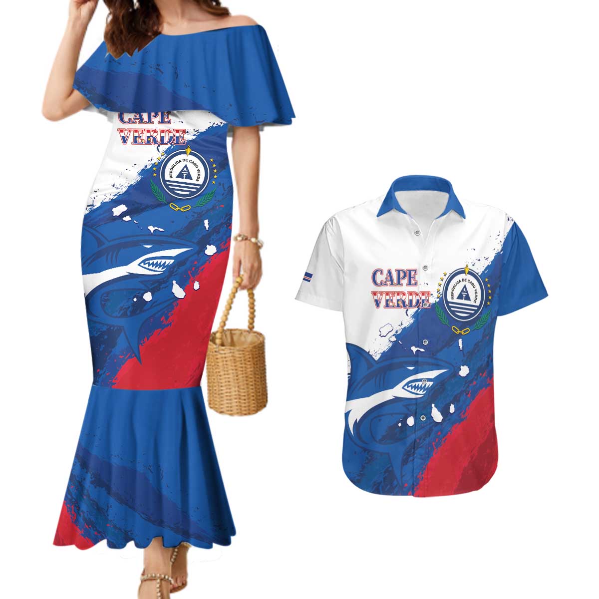 Cape Verde Football Custom Couples Matching Mermaid Dress and Hawaiian Shirt Tubaroes Azuis Glory World Cup - Wonder Print Shop