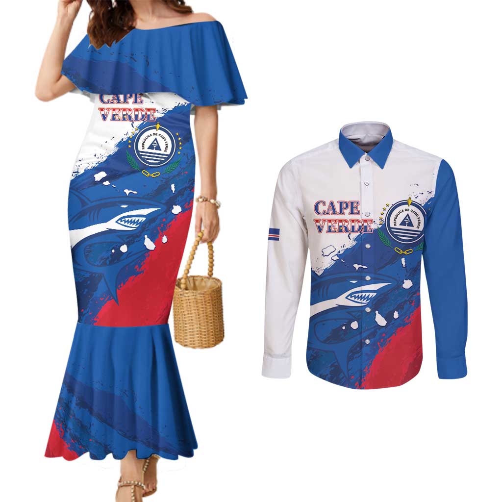 Cape Verde Football Custom Couples Matching Mermaid Dress and Long Sleeve Button Shirt Tubaroes Azuis Glory World Cup - Wonder Print Shop