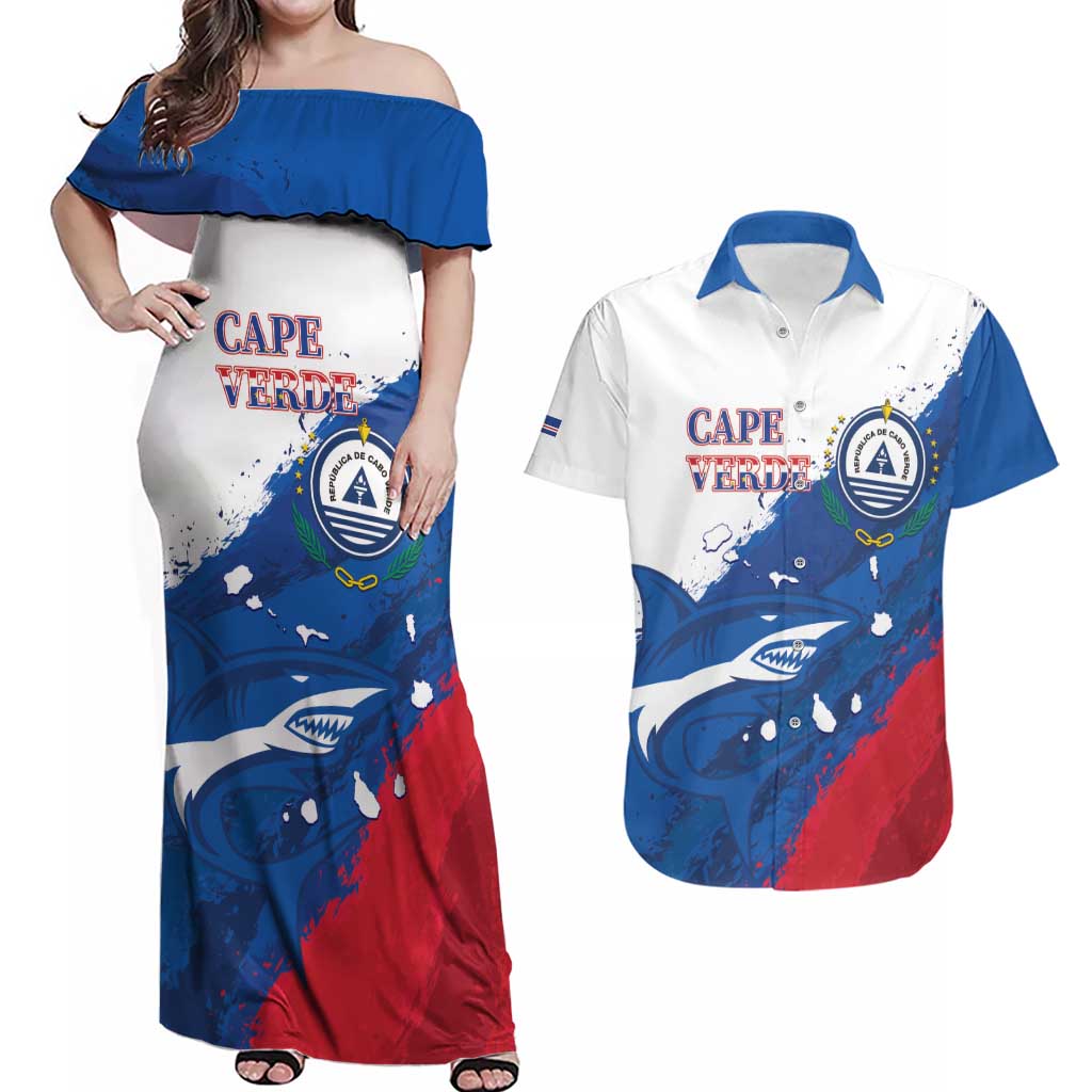 Cape Verde Football Custom Couples Matching Off Shoulder Maxi Dress and Hawaiian Shirt Tubaroes Azuis Glory World Cup - Wonder Print Shop