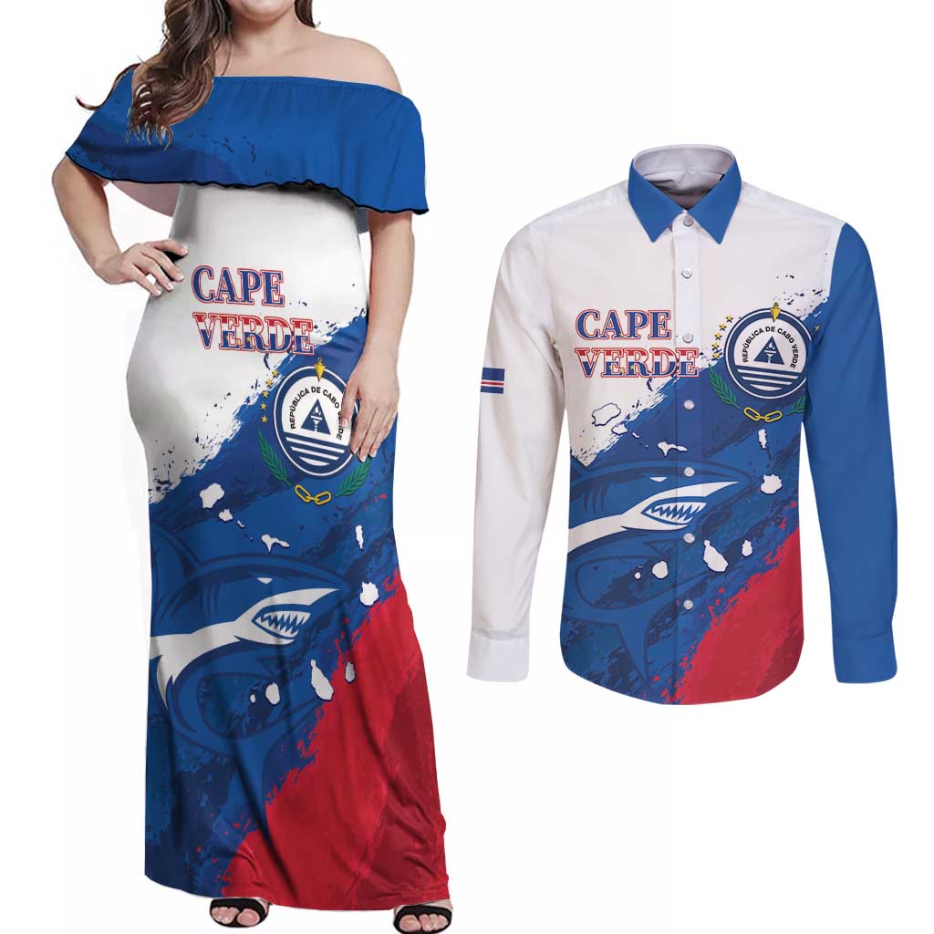 Cape Verde Football Custom Couples Matching Off Shoulder Maxi Dress and Long Sleeve Button Shirt Tubaroes Azuis Glory World Cup - Wonder Print Shop