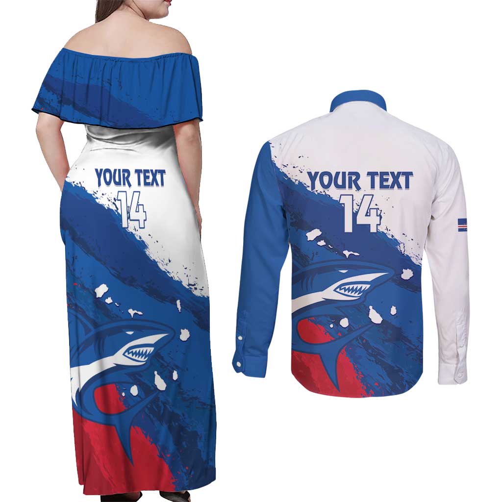 Cape Verde Football Custom Couples Matching Off Shoulder Maxi Dress and Long Sleeve Button Shirt Tubaroes Azuis Glory World Cup - Wonder Print Shop