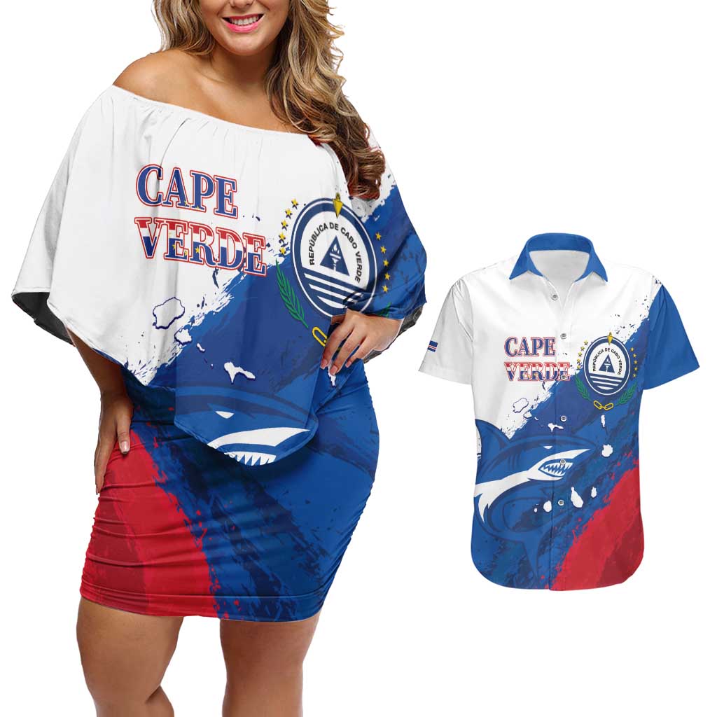 Cape Verde Football Custom Couples Matching Off Shoulder Short Dress and Hawaiian Shirt Tubaroes Azuis Glory World Cup - Wonder Print Shop