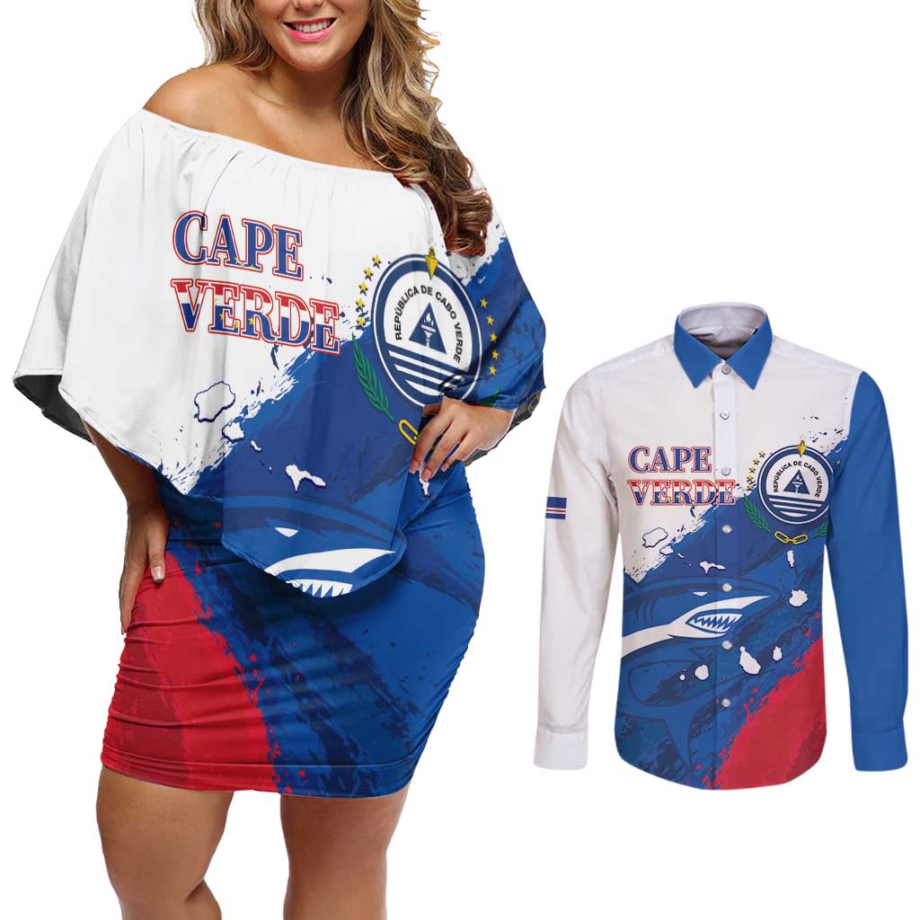 Cape Verde Football Custom Couples Matching Off Shoulder Short Dress and Long Sleeve Button Shirt Tubaroes Azuis Glory World Cup - Wonder Print Shop