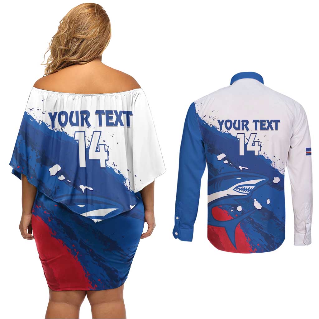 Cape Verde Football Custom Couples Matching Off Shoulder Short Dress and Long Sleeve Button Shirt Tubaroes Azuis Glory World Cup - Wonder Print Shop
