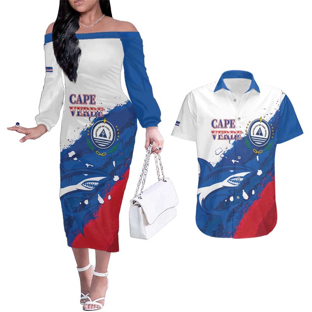Cape Verde Football Custom Couples Matching Off The Shoulder Long Sleeve Dress and Hawaiian Shirt Tubaroes Azuis Glory World Cup - Wonder Print Shop