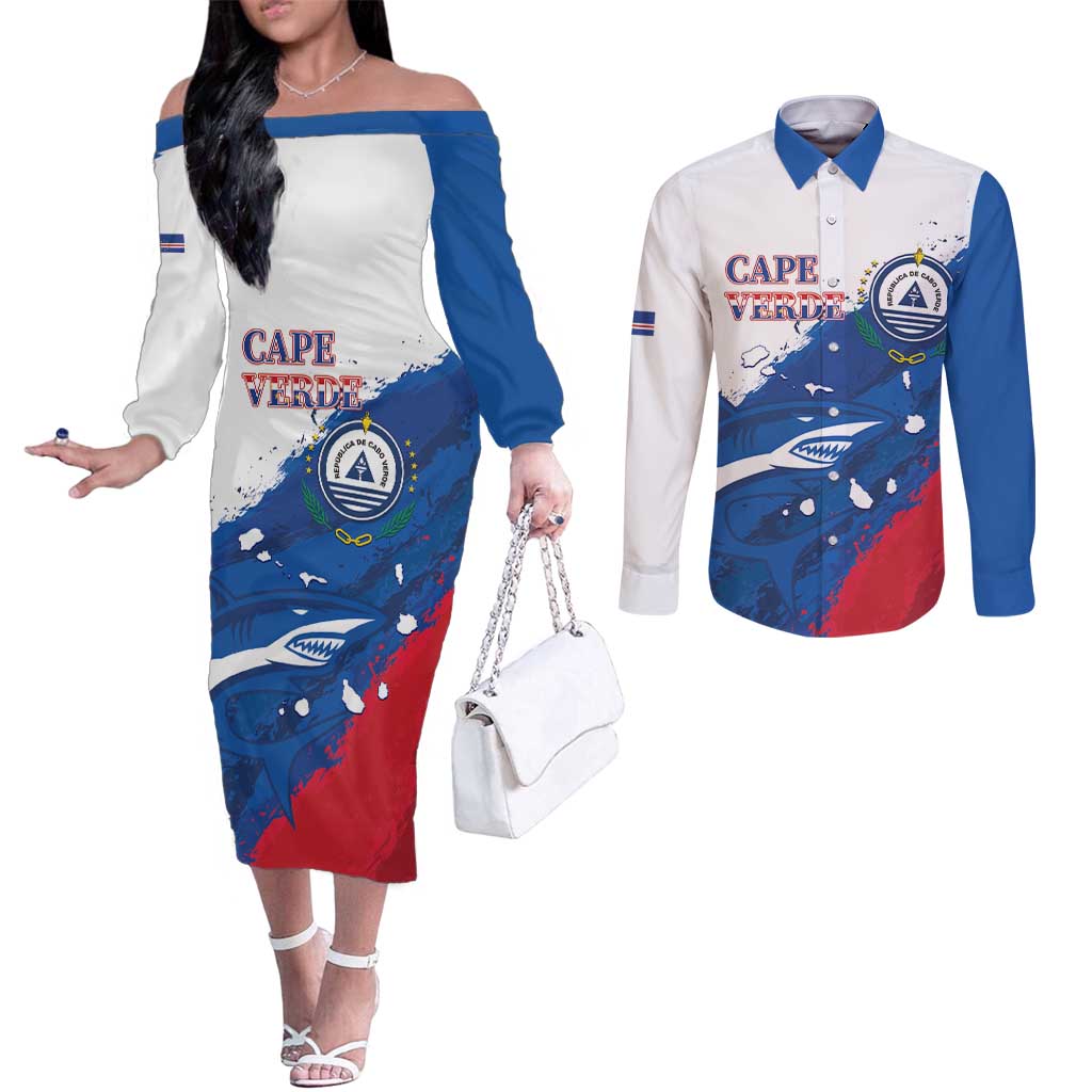 Cape Verde Football Custom Couples Matching Off The Shoulder Long Sleeve Dress and Long Sleeve Button Shirt Tubaroes Azuis Glory World Cup - Wonder Print Shop