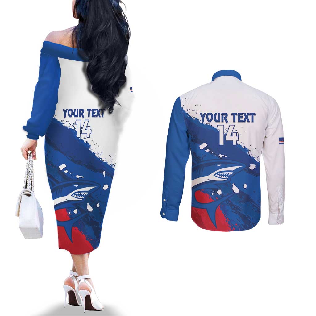 Cape Verde Football Custom Couples Matching Off The Shoulder Long Sleeve Dress and Long Sleeve Button Shirt Tubaroes Azuis Glory World Cup - Wonder Print Shop