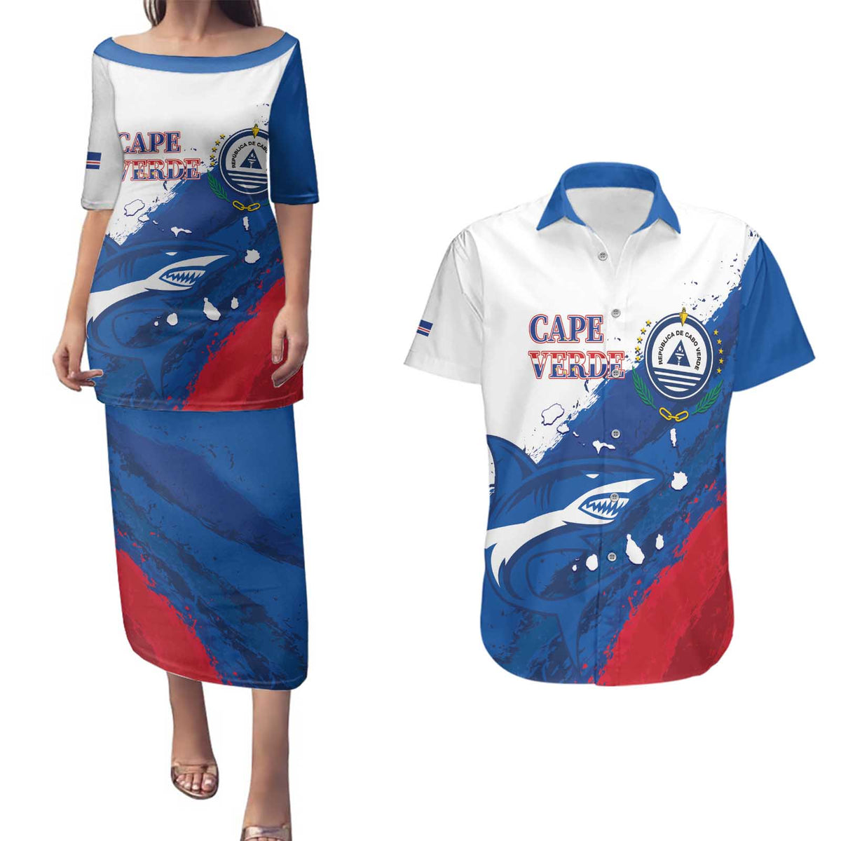 Cape Verde Football Custom Couples Matching Puletasi and Hawaiian Shirt Tubaroes Azuis Glory World Cup - Wonder Print Shop