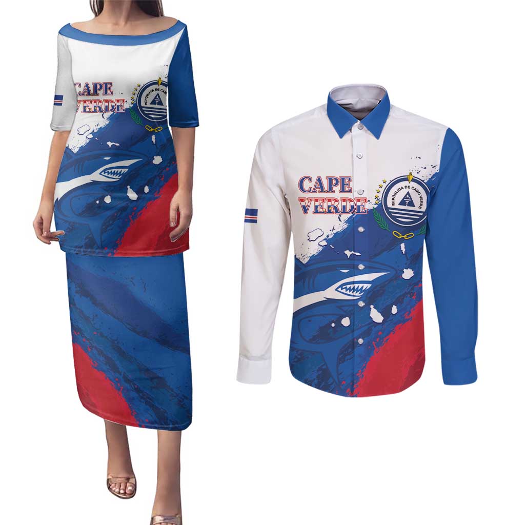 Cape Verde Football Custom Couples Matching Puletasi and Long Sleeve Button Shirt Tubaroes Azuis Glory World Cup - Wonder Print Shop