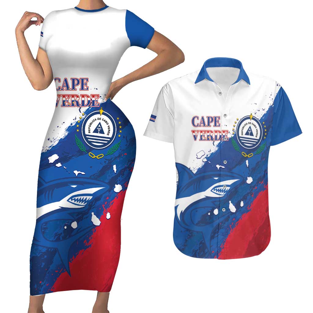 Cape Verde Football Custom Couples Matching Short Sleeve Bodycon Dress and Hawaiian Shirt Tubaroes Azuis Glory World Cup - Wonder Print Shop