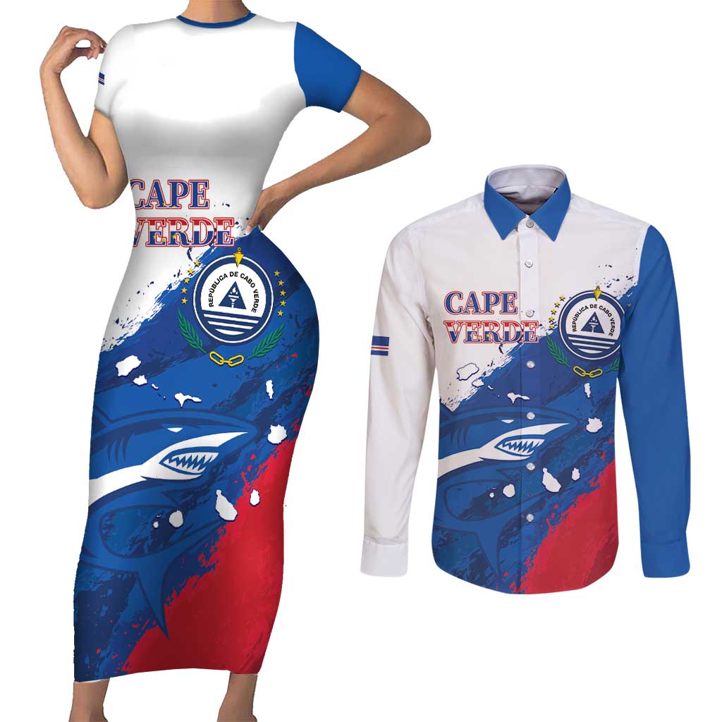 Cape Verde Football Custom Couples Matching Short Sleeve Bodycon Dress and Long Sleeve Button Shirt Tubaroes Azuis Glory World Cup - Wonder Print Shop