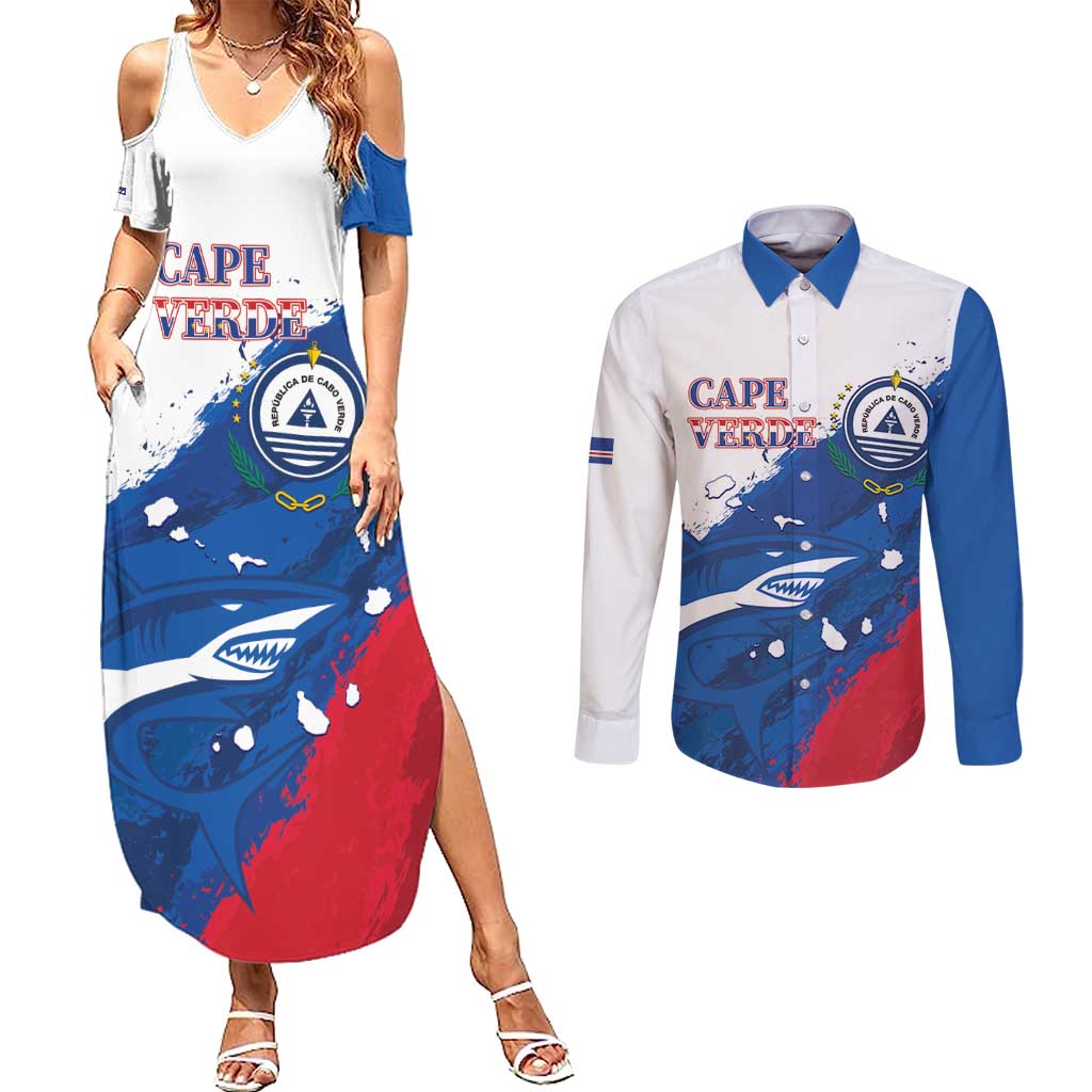 Cape Verde Football Custom Couples Matching Summer Maxi Dress and Long Sleeve Button Shirt Tubaroes Azuis Glory World Cup - Wonder Print Shop