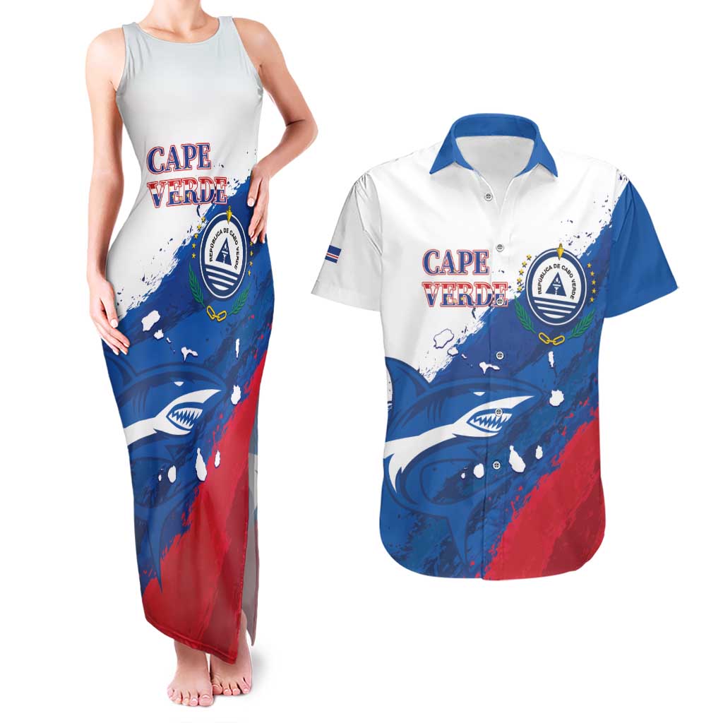 Cape Verde Football Custom Couples Matching Tank Maxi Dress and Hawaiian Shirt Tubaroes Azuis Glory World Cup - Wonder Print Shop