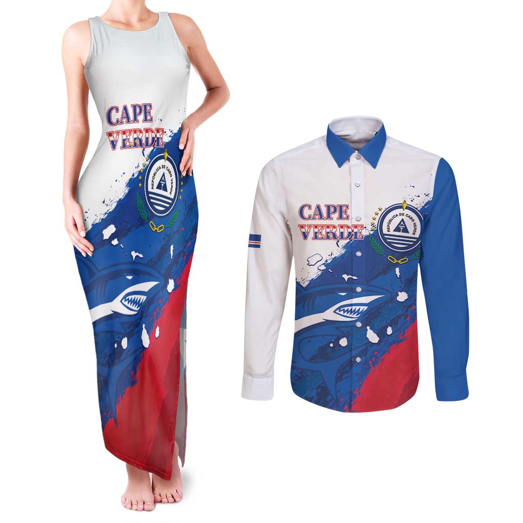 Cape Verde Football Custom Couples Matching Tank Maxi Dress and Long Sleeve Button Shirt Tubaroes Azuis Glory World Cup - Wonder Print Shop