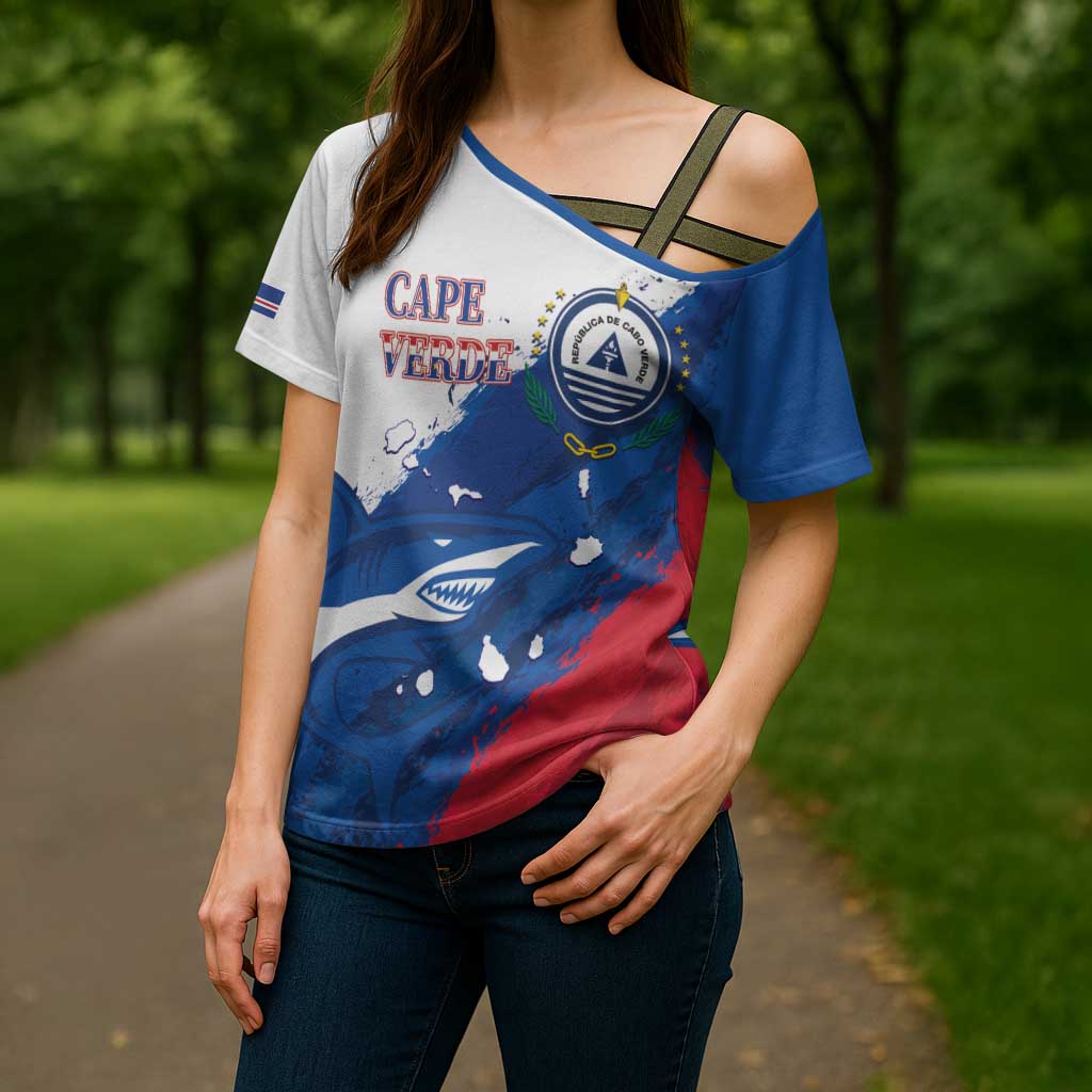 Cape Verde Football Custom Cross Shoulder Shirt Tubaroes Azuis Glory World Cup - Wonder Print Shop