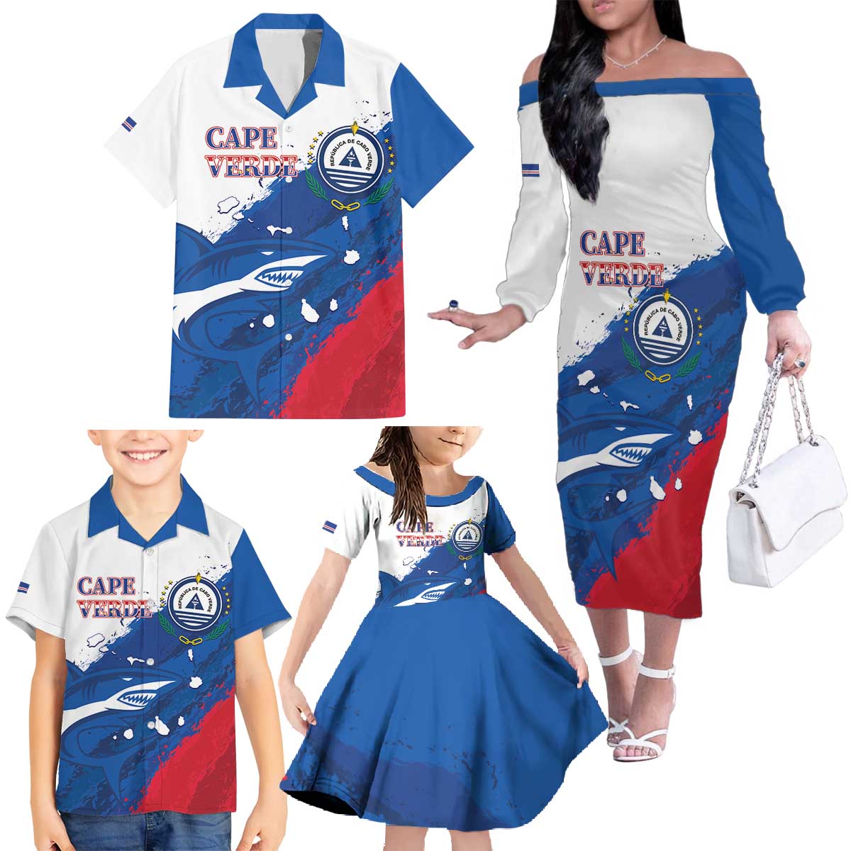 Cape Verde Football Custom Family Matching Off The Shoulder Long Sleeve Dress and Hawaiian Shirt Tubaroes Azuis Glory World Cup - Wonder Print Shop