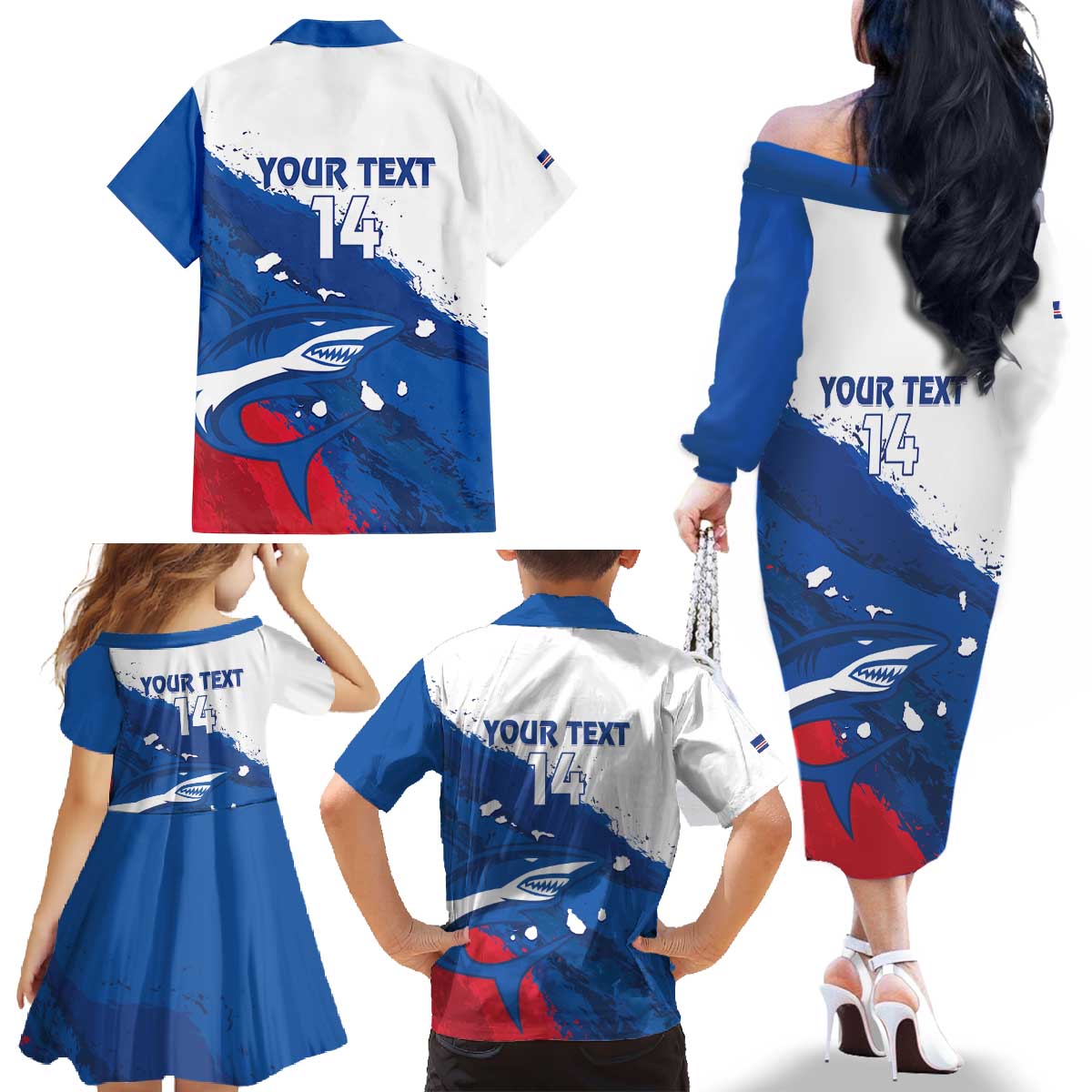 Cape Verde Football Custom Family Matching Off The Shoulder Long Sleeve Dress and Hawaiian Shirt Tubaroes Azuis Glory World Cup - Wonder Print Shop