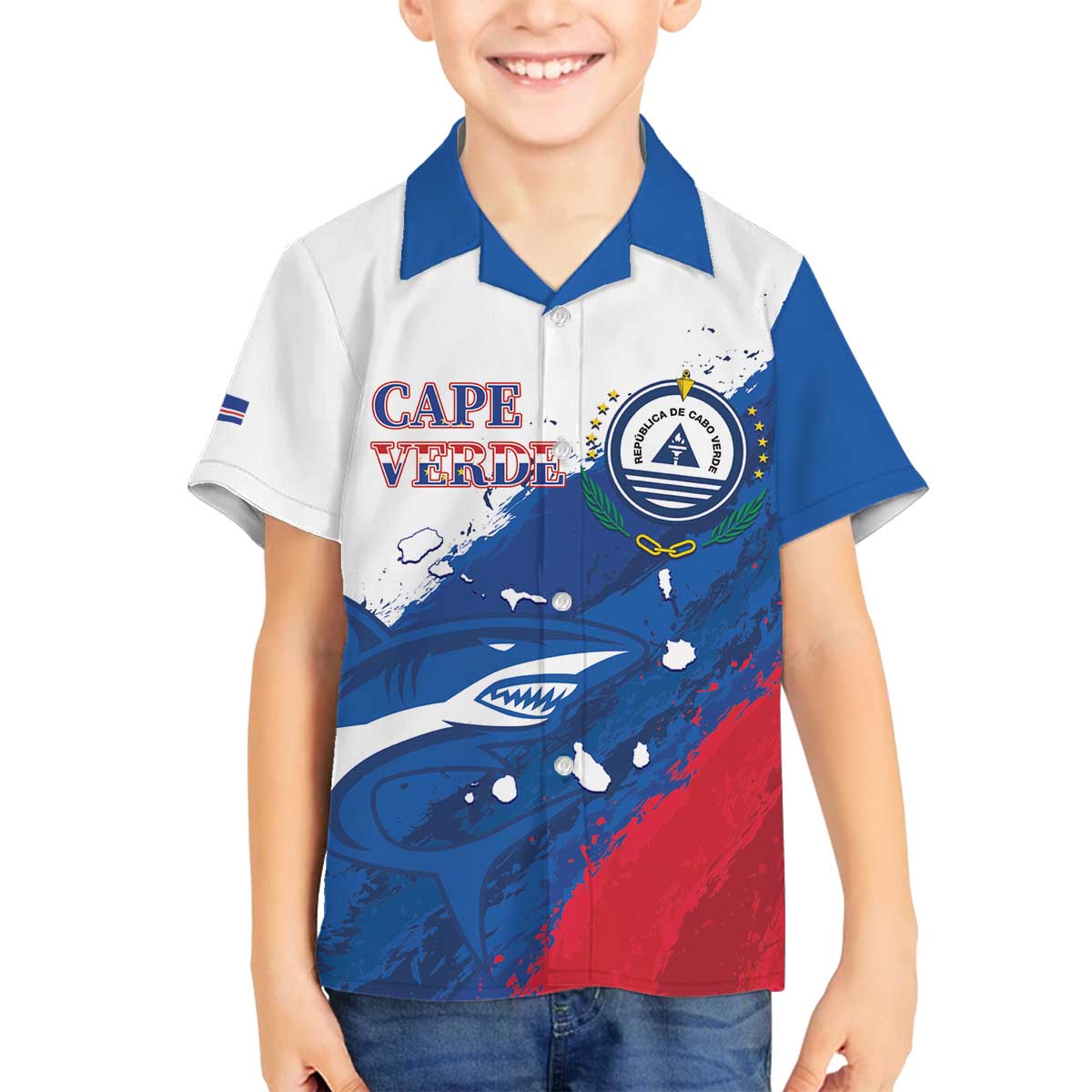 Cape Verde Football Custom Family Matching Off The Shoulder Long Sleeve Dress and Hawaiian Shirt Tubaroes Azuis Glory World Cup - Wonder Print Shop