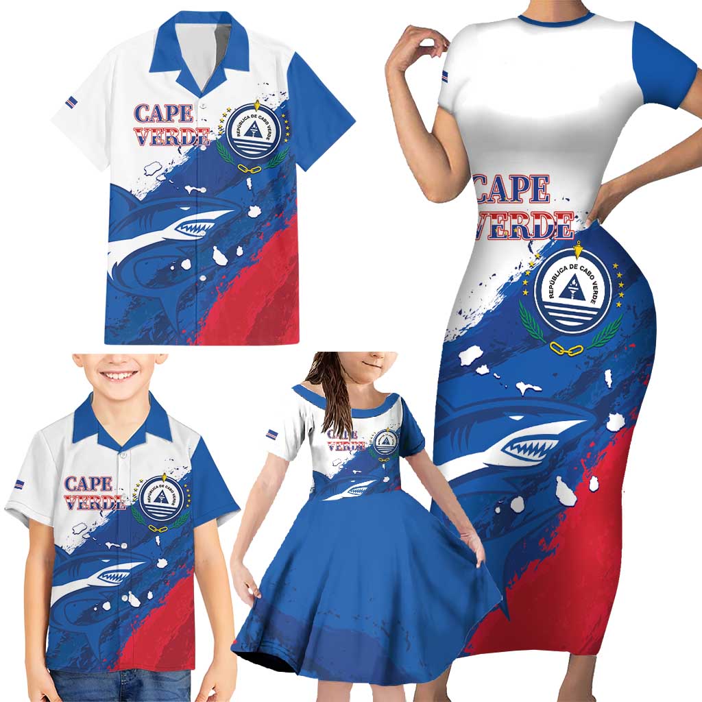 Cape Verde Football Custom Family Matching Short Sleeve Bodycon Dress and Hawaiian Shirt Tubaroes Azuis Glory World Cup - Wonder Print Shop