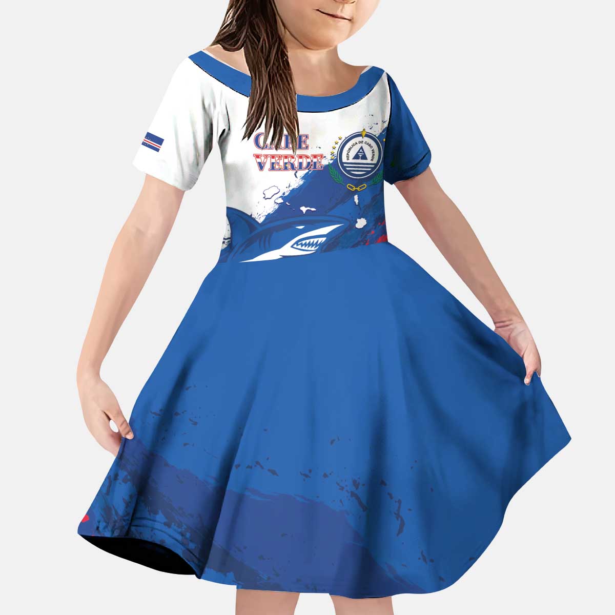 Cape Verde Football Custom Kid Short Sleeve Dress Tubaroes Azuis Glory World Cup - Wonder Print Shop