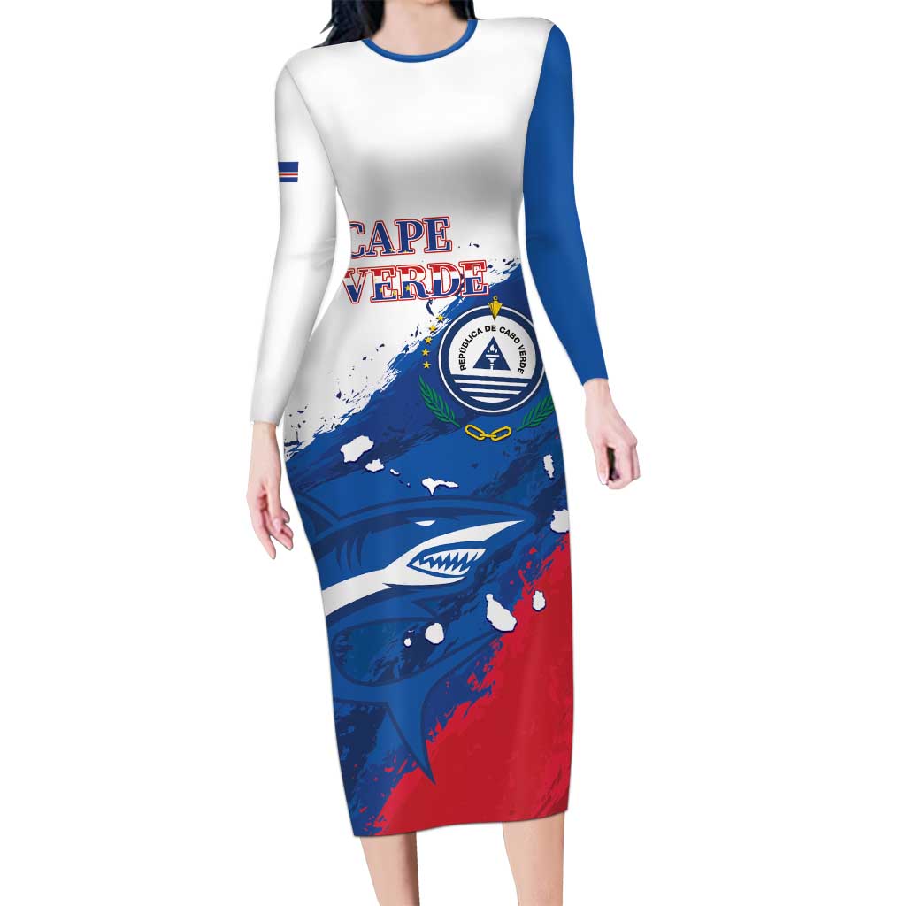 Cape Verde Football Custom Long Sleeve Bodycon Dress Tubaroes Azuis Glory World Cup - Wonder Print Shop
