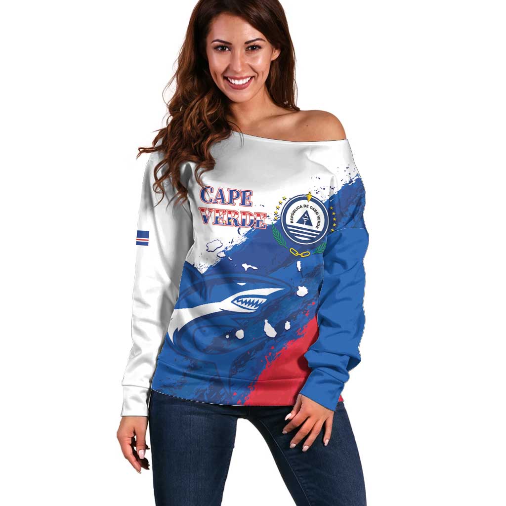 Cape Verde Football Custom Off Shoulder Sweater Tubaroes Azuis Glory World Cup - Wonder Print Shop