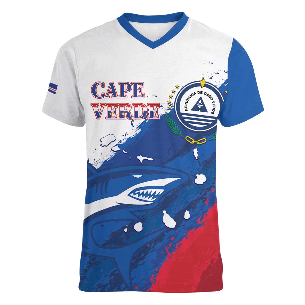 Cape Verde Football Custom Women V-Neck T-Shirt Tubaroes Azuis Glory World Cup - Wonder Print Shop