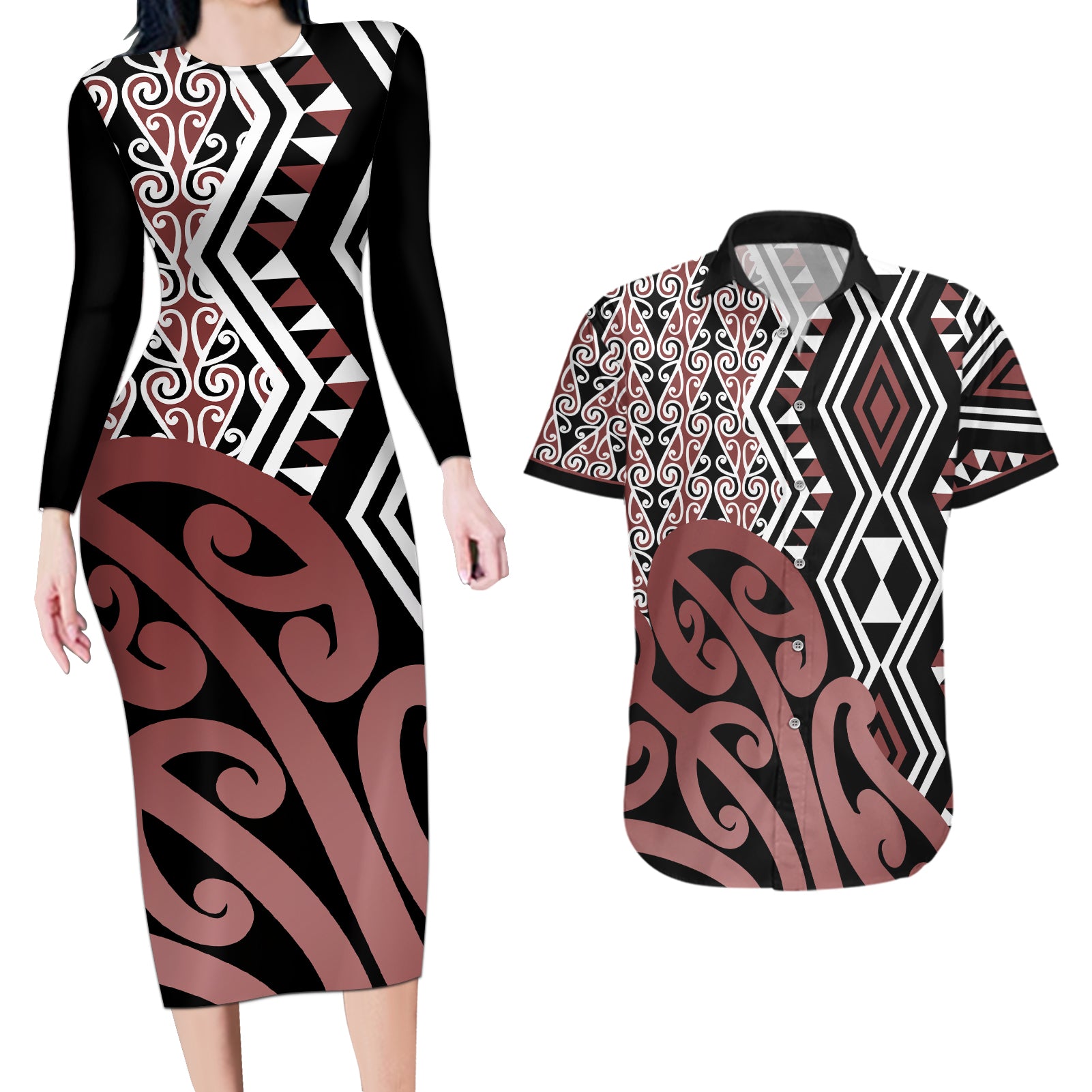 New Zealand Couples Matching Long Sleeve Bodycon Dress and Hawaiian Shirt Aotearoa Kowhaiwhai Mix Taniko Art - Wonder Print Shop