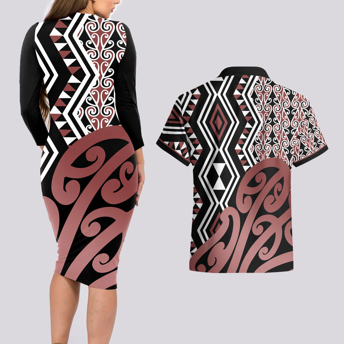 New Zealand Couples Matching Long Sleeve Bodycon Dress and Hawaiian Shirt Aotearoa Kowhaiwhai Mix Taniko Art - Wonder Print Shop