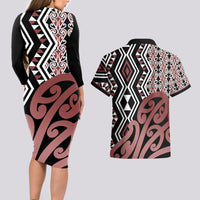 New Zealand Couples Matching Long Sleeve Bodycon Dress and Hawaiian Shirt Aotearoa Kowhaiwhai Mix Taniko Art - Wonder Print Shop