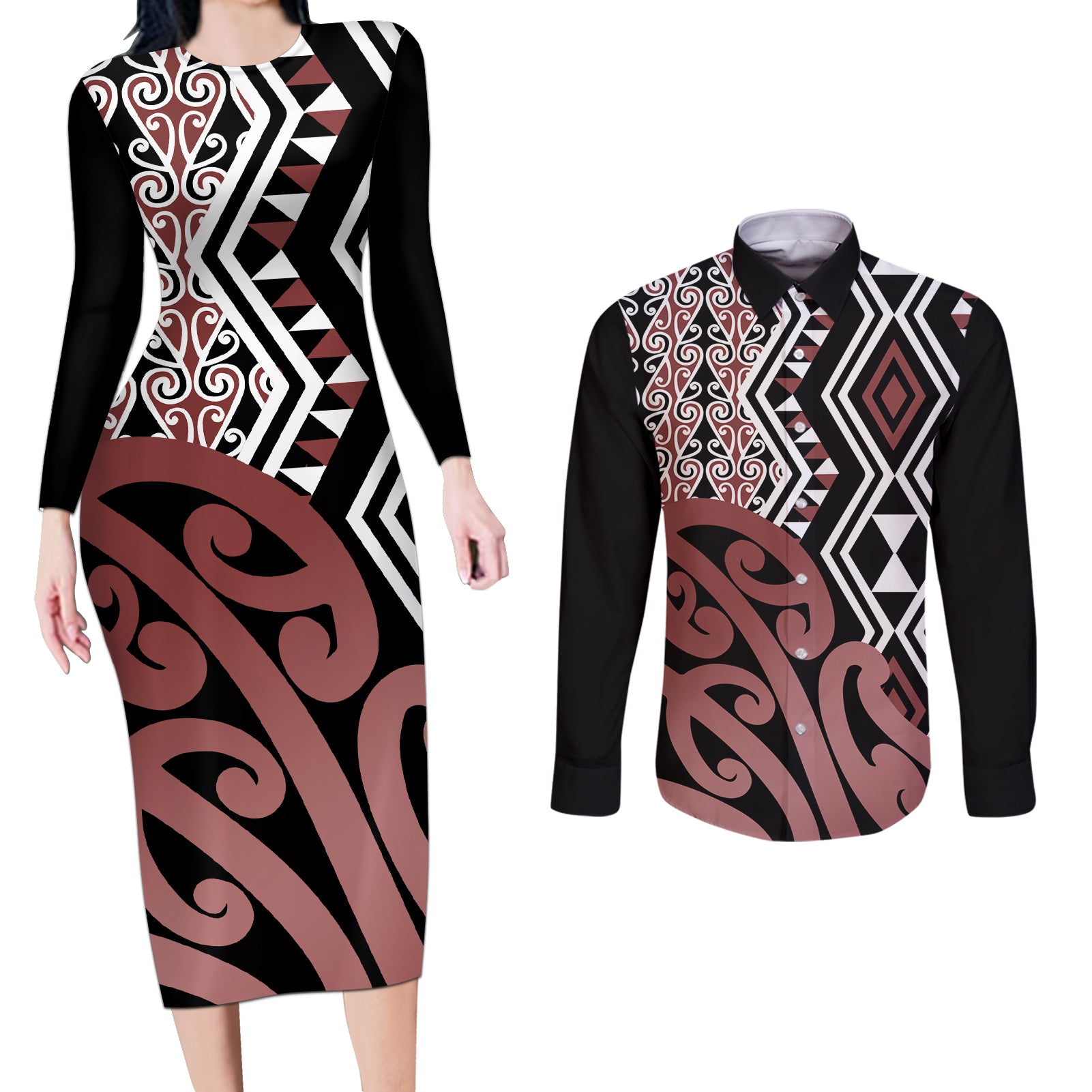 New Zealand Couples Matching Long Sleeve Bodycon Dress and Long Sleeve Button Shirt Aotearoa Kowhaiwhai Mix Taniko Art - Wonder Print Shop
