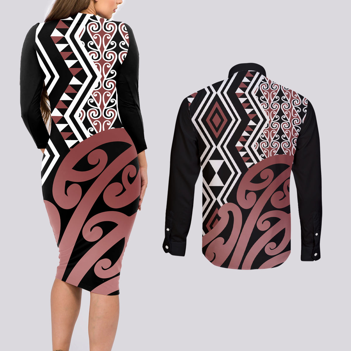 New Zealand Couples Matching Long Sleeve Bodycon Dress and Long Sleeve Button Shirt Aotearoa Kowhaiwhai Mix Taniko Art - Wonder Print Shop