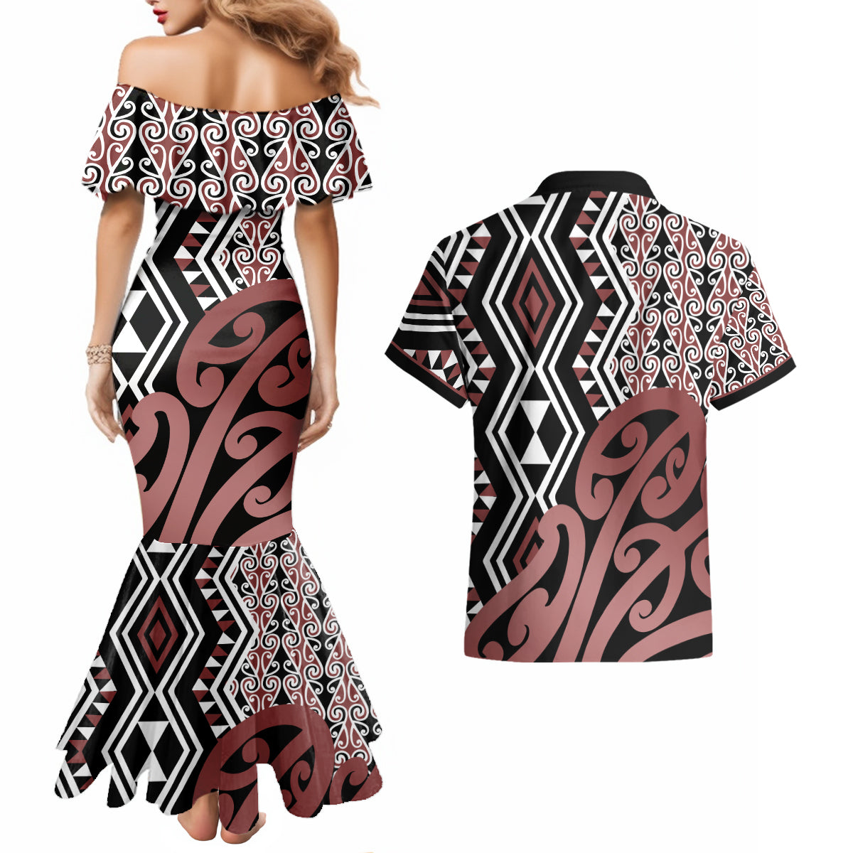 New Zealand Couples Matching Mermaid Dress and Hawaiian Shirt Aotearoa Kowhaiwhai Mix Taniko Art - Wonder Print Shop