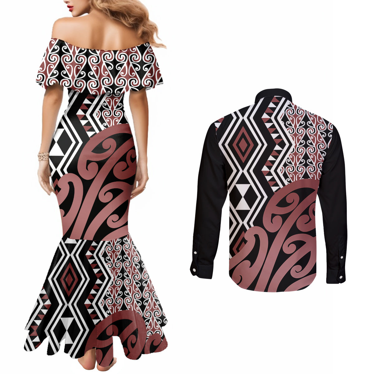 new-zealand-couples-matching-mermaid-dress-and-long-sleeve-button-shirt-aotearoa-kowhaiwhai-mix-taniko-art