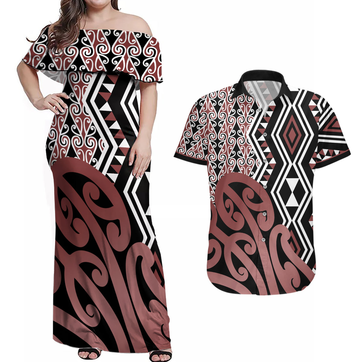 New Zealand Couples Matching Off Shoulder Maxi Dress and Hawaiian Shirt Aotearoa Kowhaiwhai Mix Taniko Art - Wonder Print Shop